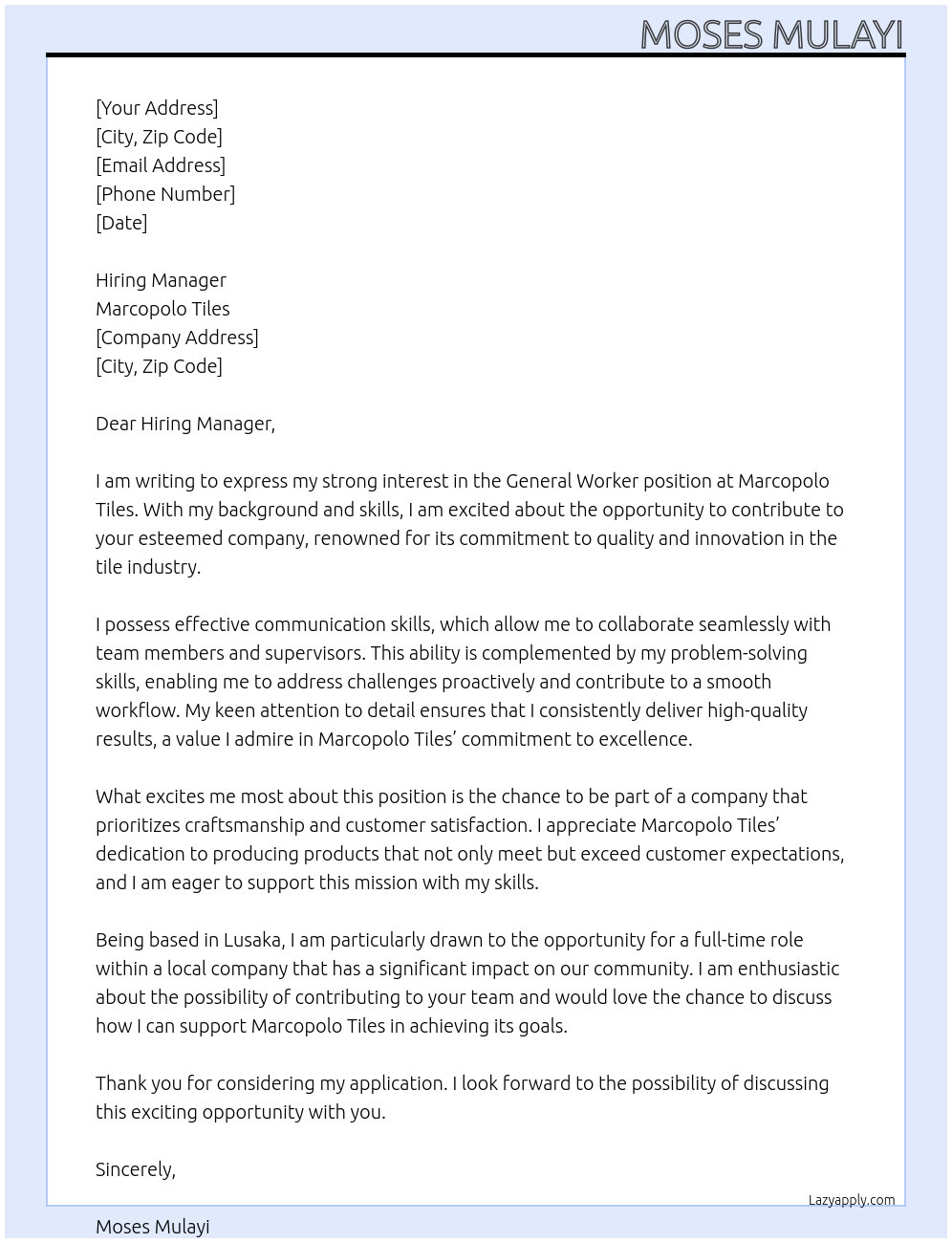 General Worker At Marcopolo Tiles Cover Letter