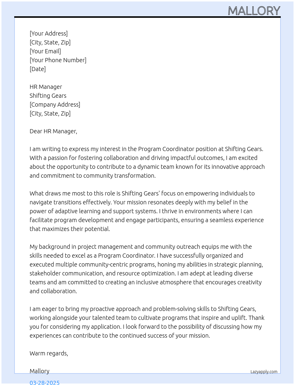 program coordinator At Shifting Gears  Cover Letter