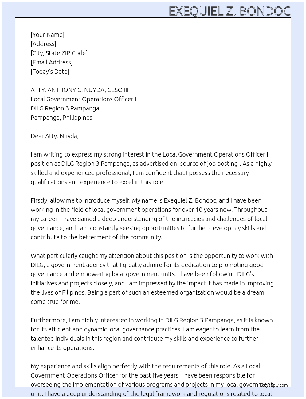 local government operations officer ii  At DILG Region 3 Pampanga  Cover Letter