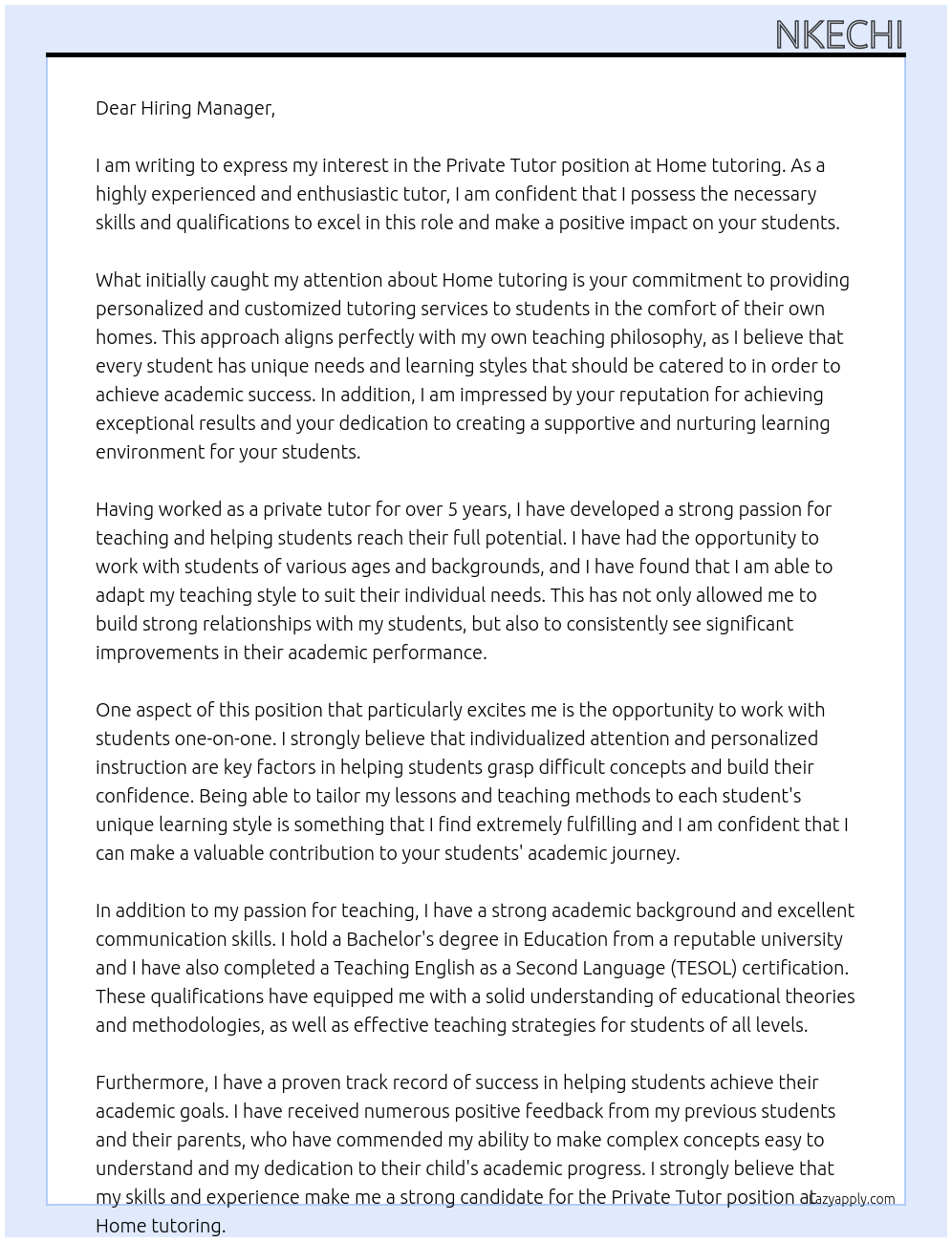 Private Tutor At Home tutoring  Cover Letter