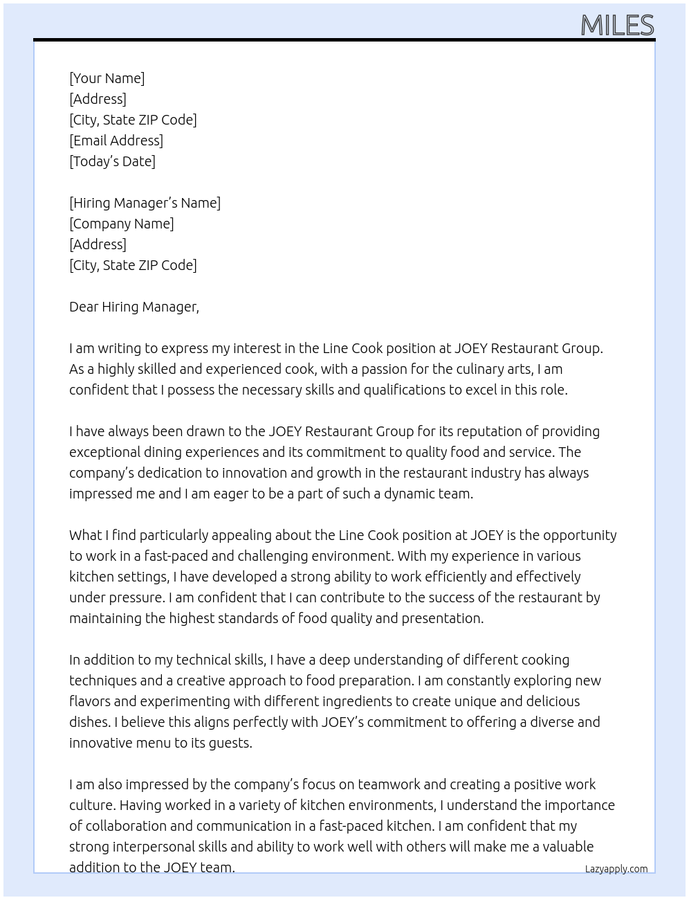line cook At JOEY Restaurant group Cover Letter