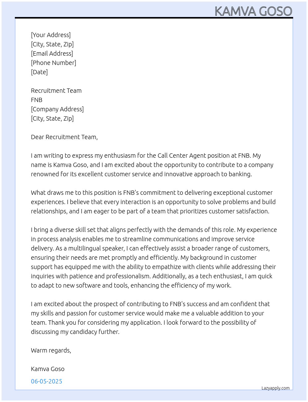 Call Center Agent At FNB Cover Letter