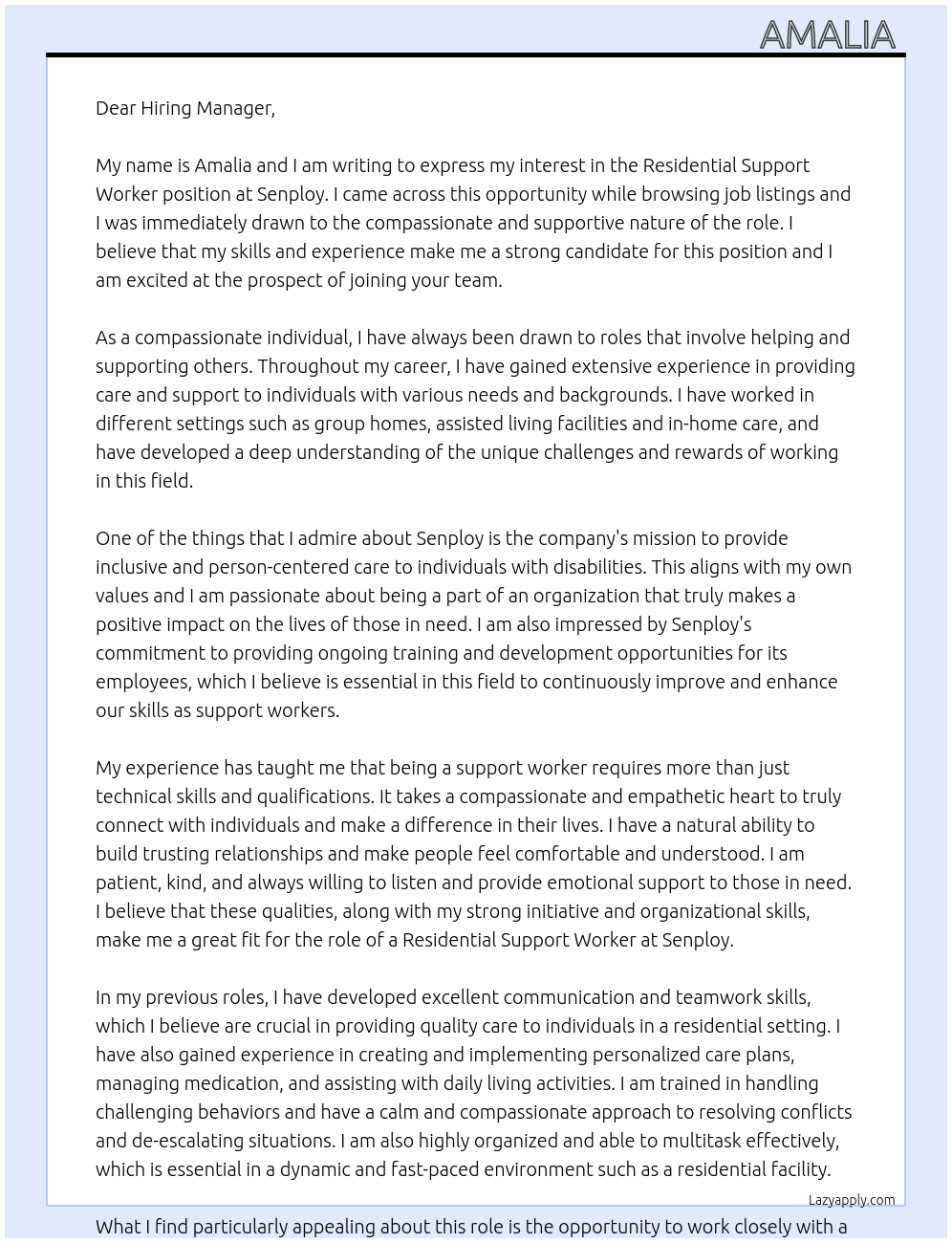 Residential support worker At Senploy Cover Letter