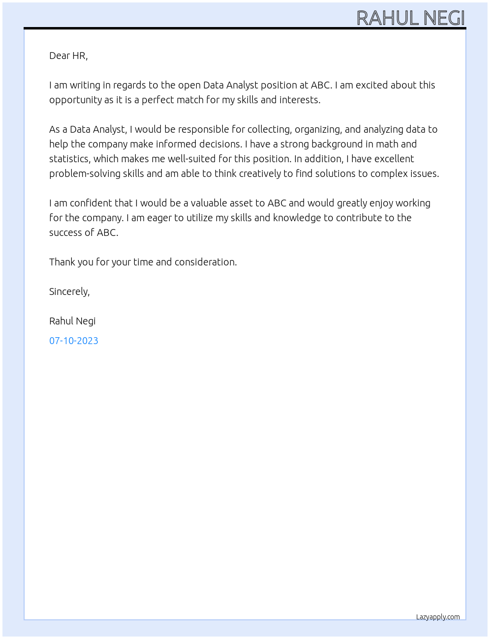 Data analysr At abc Cover Letter