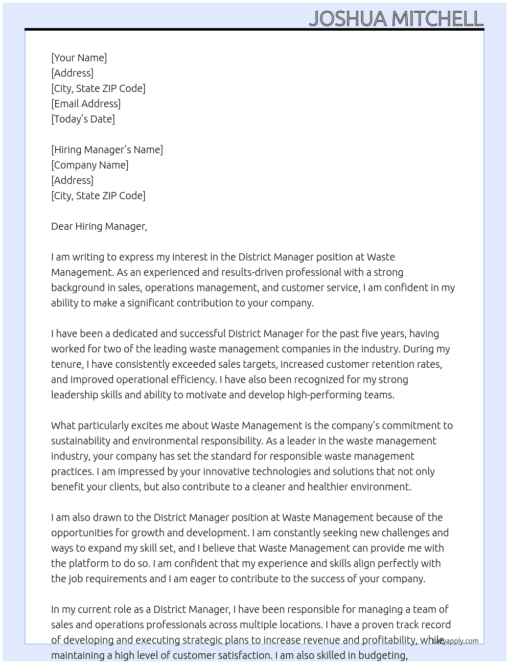 District Manager At Waste Management Cover Letter