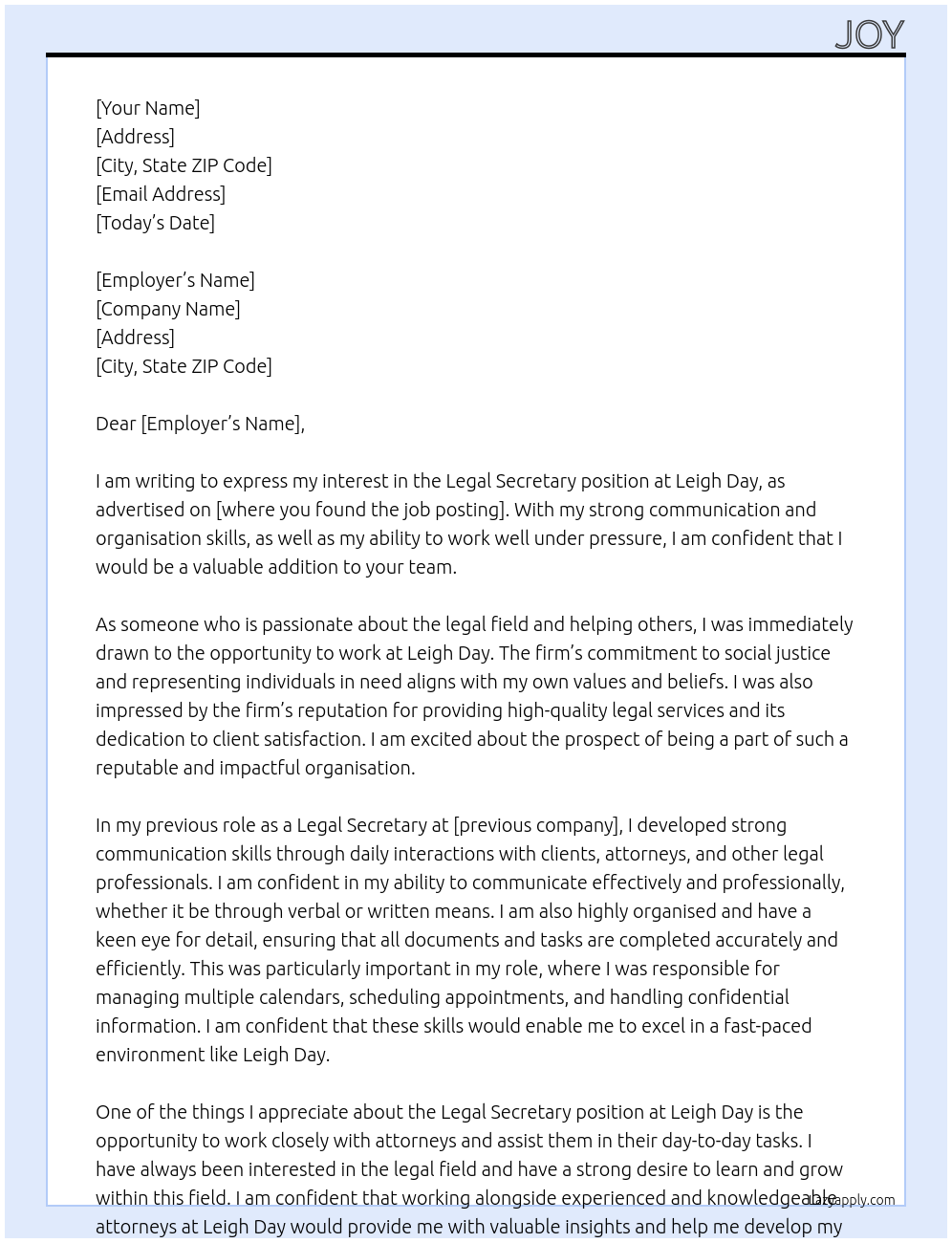 Legal secretary At Leigh Day Cover Letter