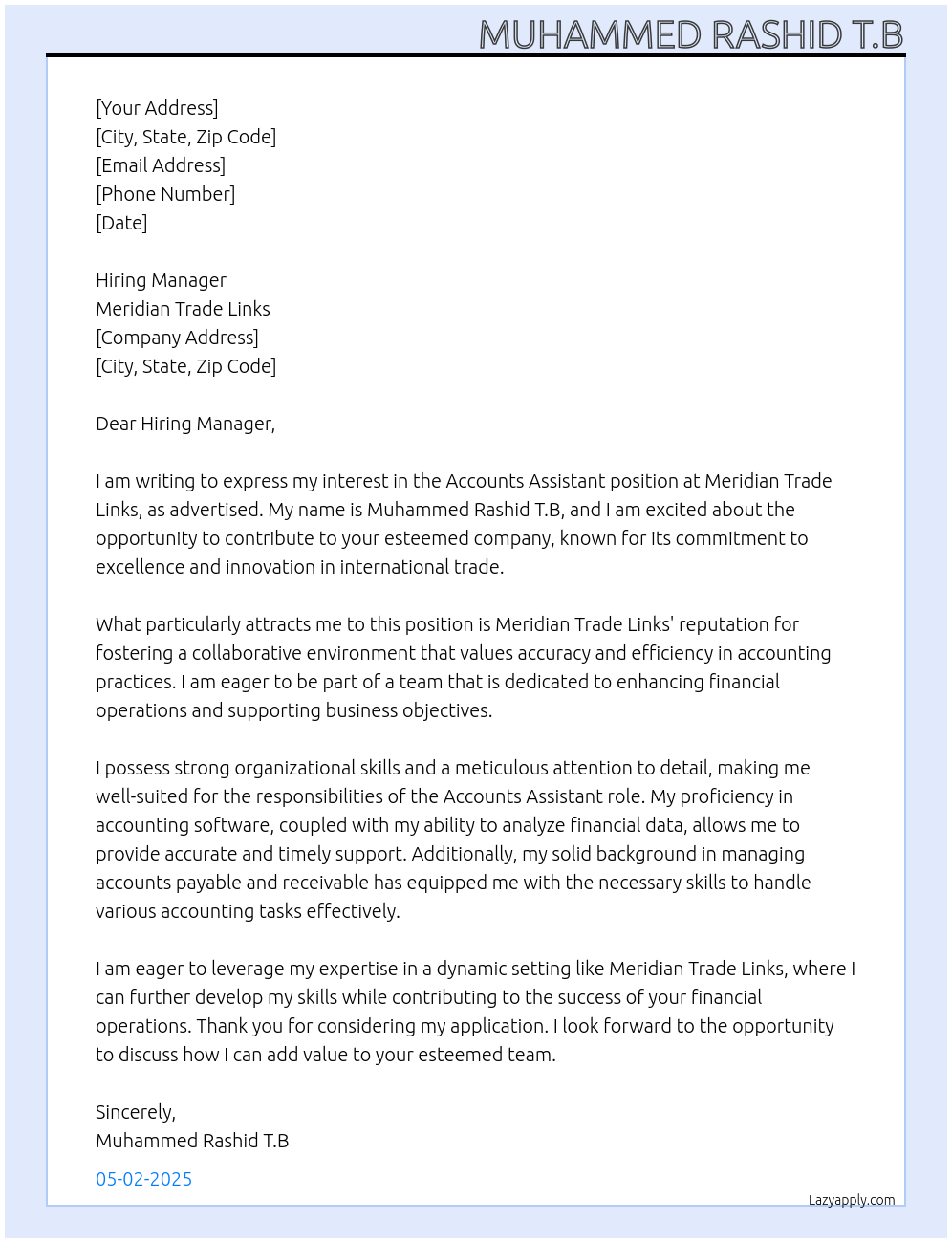 Accounts assistant At meridian trade links Cover Letter