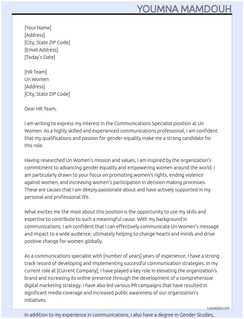 Communications Specialist At Un Women Cover Letter