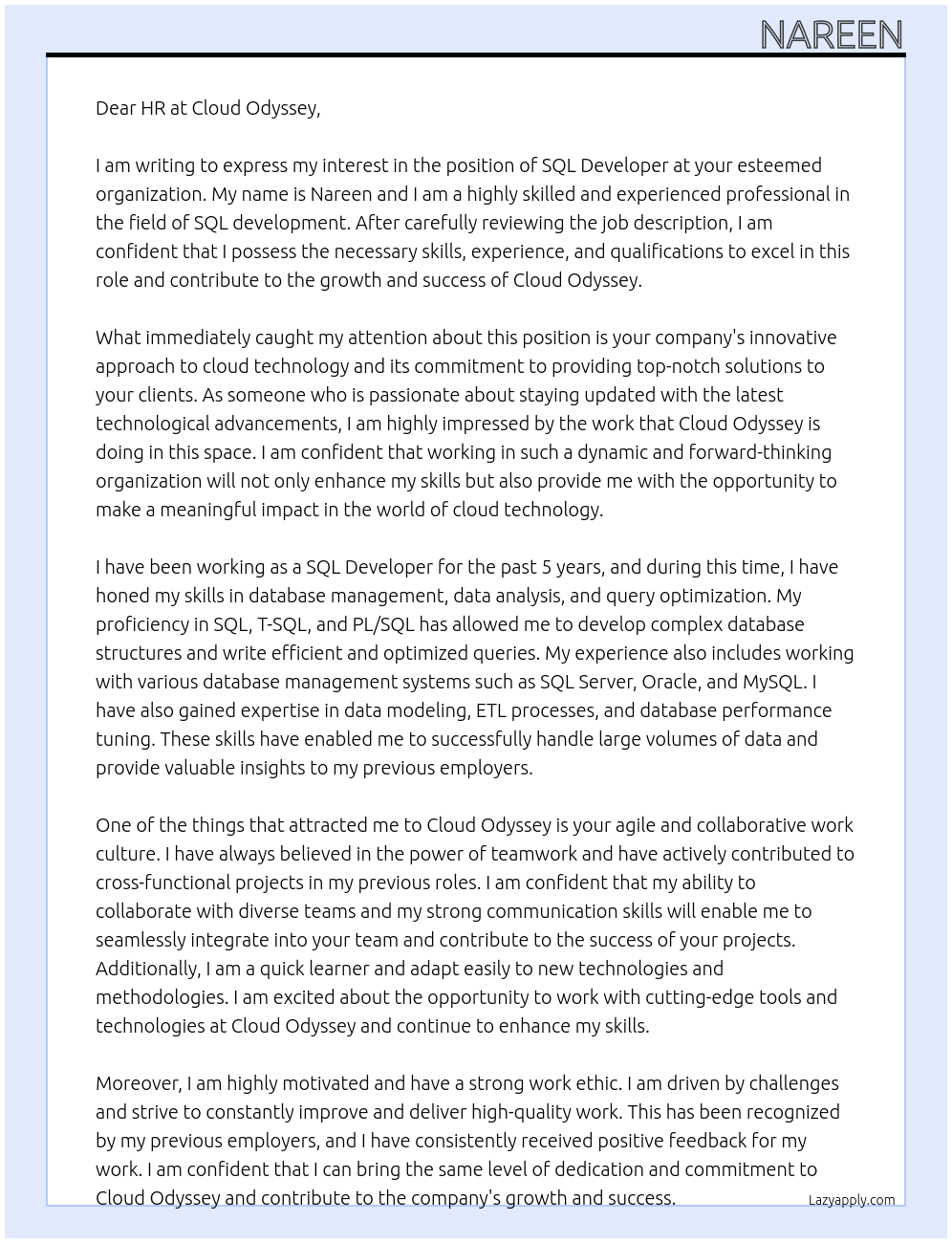 Sql Developer At Cloud Odussey Cover Letter