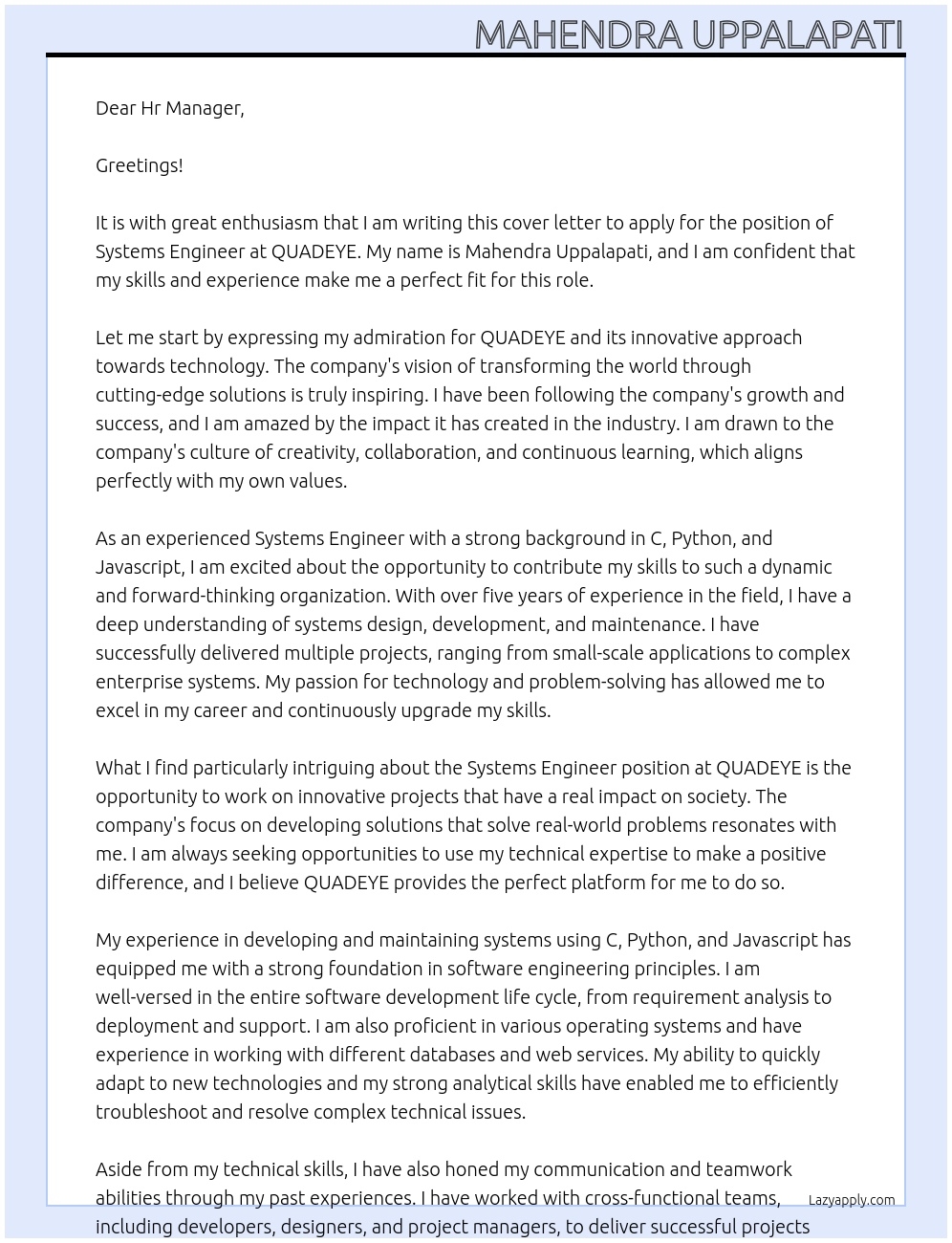 SYSTEMS ENGINEER At QUADEYE Cover Letter