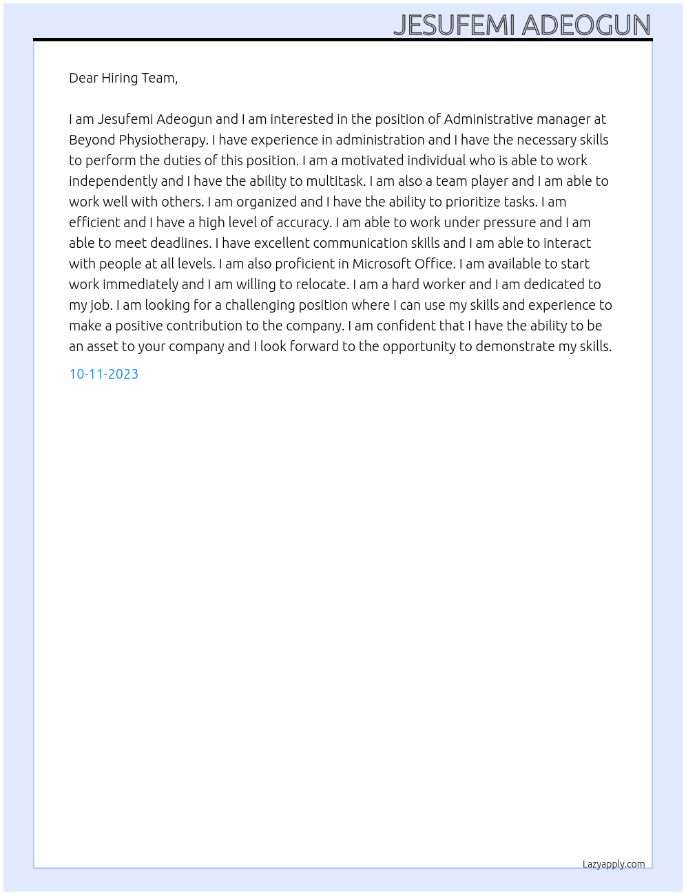 Administrative manager At Beyond Physiotherapy Cover Letter