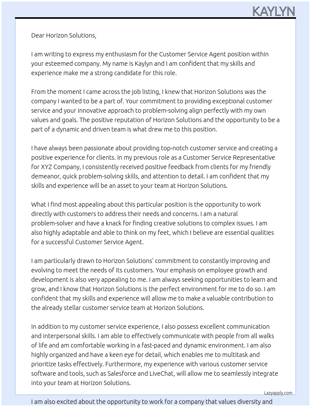 Customer service agent At Horizon Solutions Cover Letter