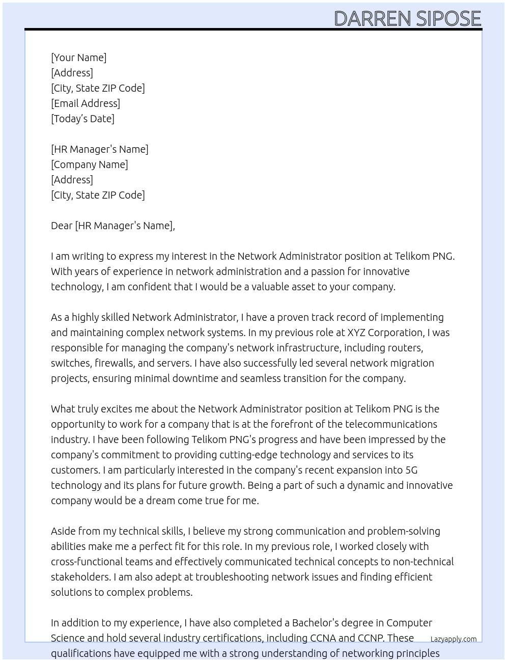 Network Administrator At Telikom PNG Cover Letter