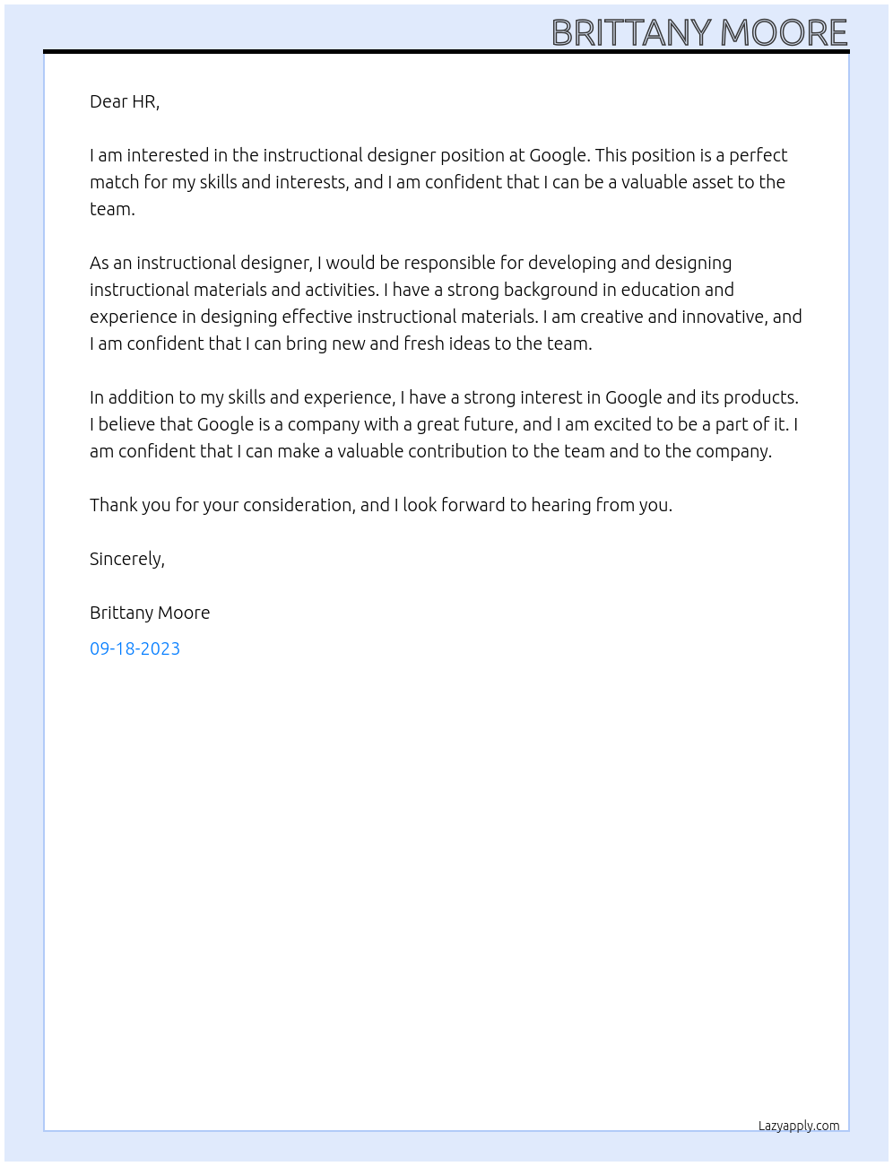 Instructional Designer At Google Cover Letter
