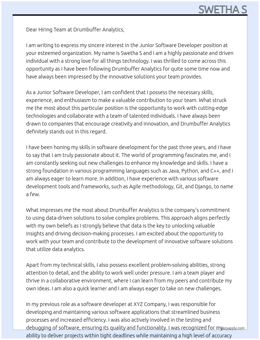 Junior Software Developer At Drumbuffer Analytics Cover Letter