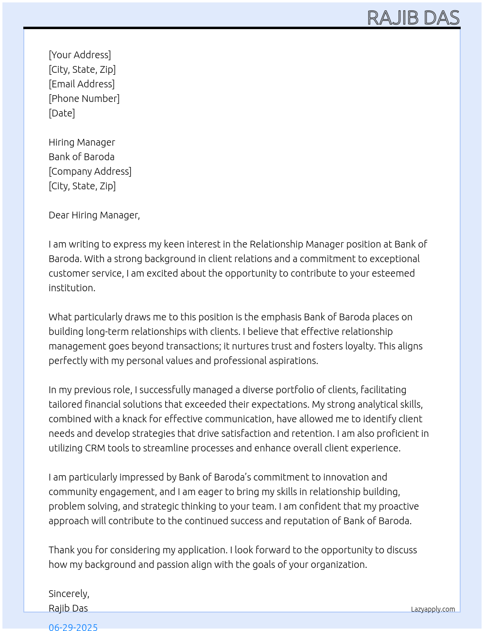 Relationship manager At Bank of Baroda Cover Letter