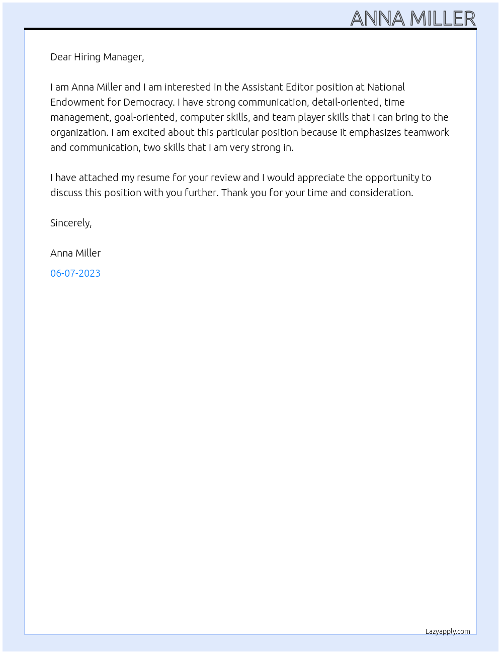 Assistant Editor At National Endowment for Democracy Cover Letter