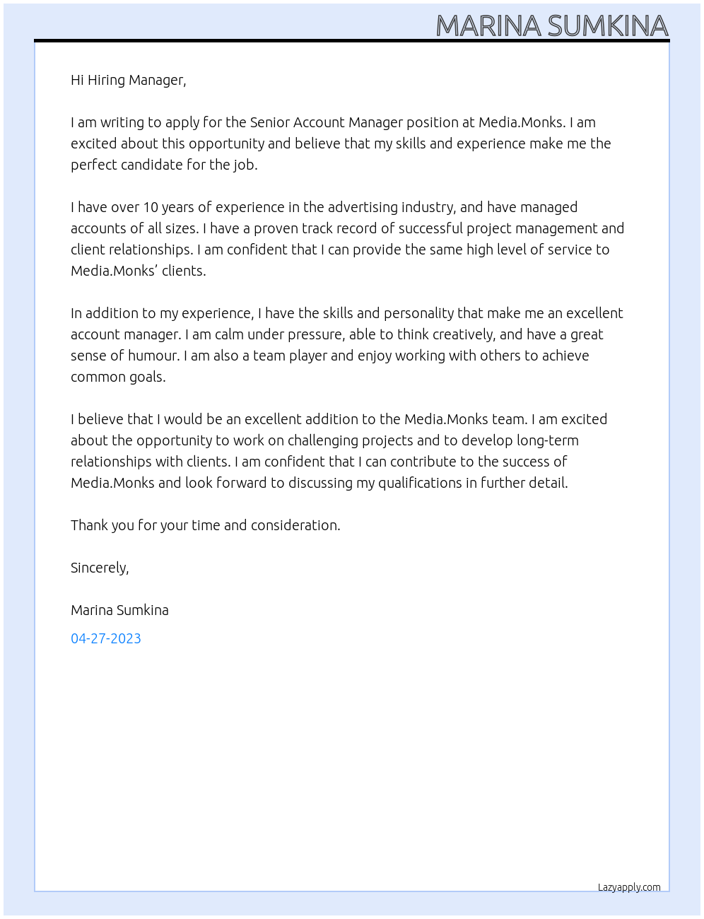Senior Account Manager At Media.Monks Cover Letter