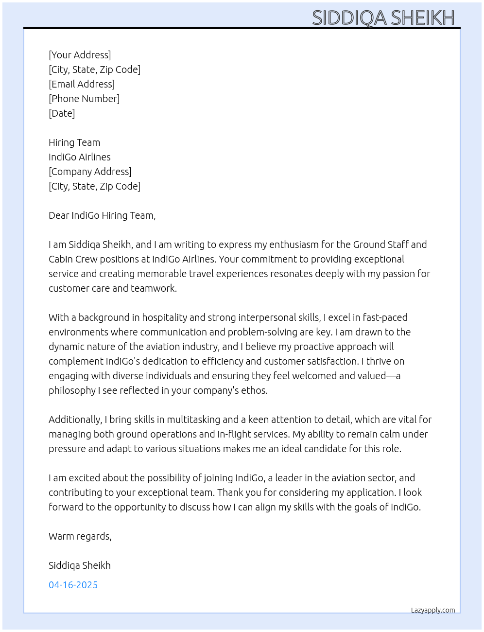 Ground staff , cabin crew  At Indigo or worldwide Cover Letter