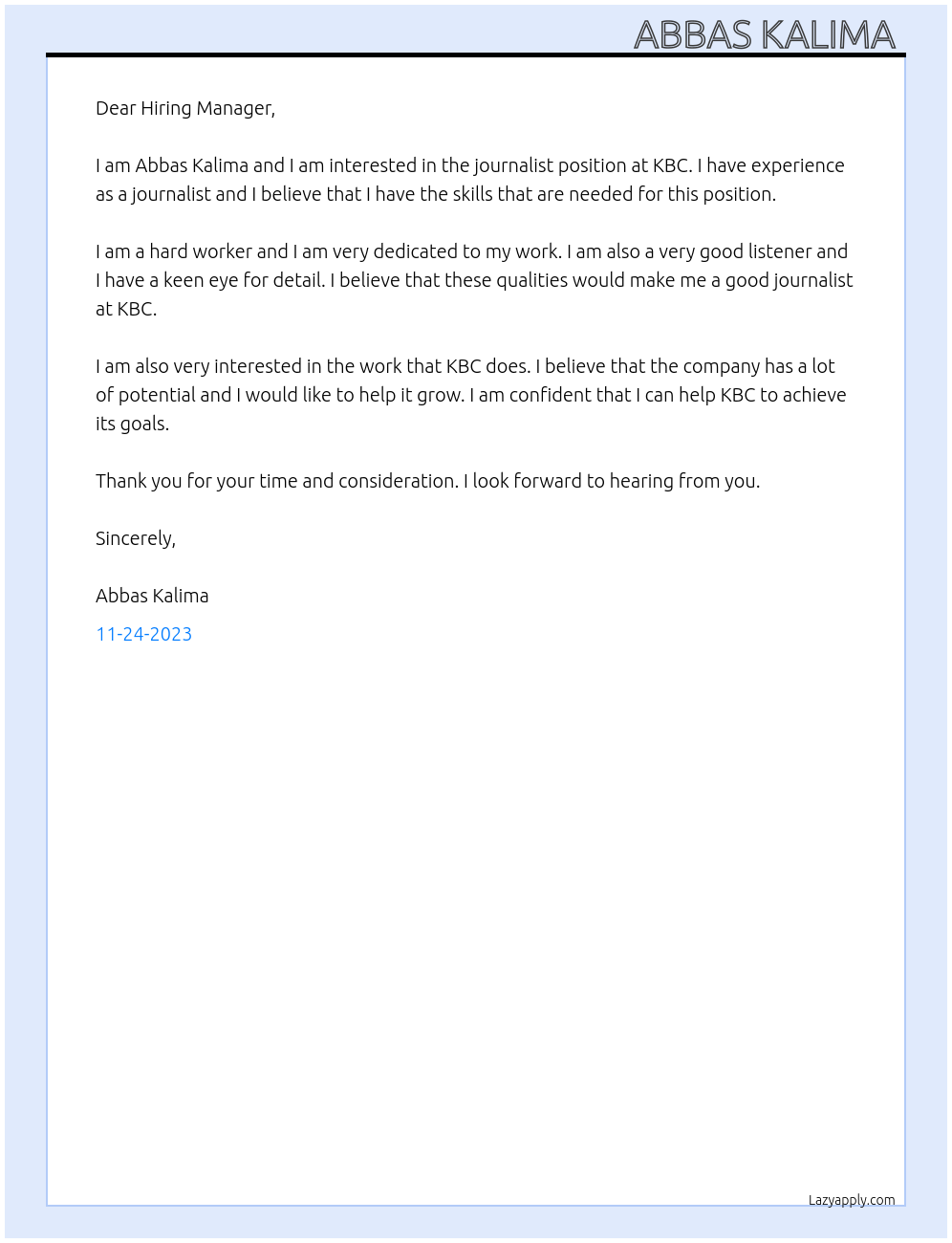 Journalist At KBC Cover Letter