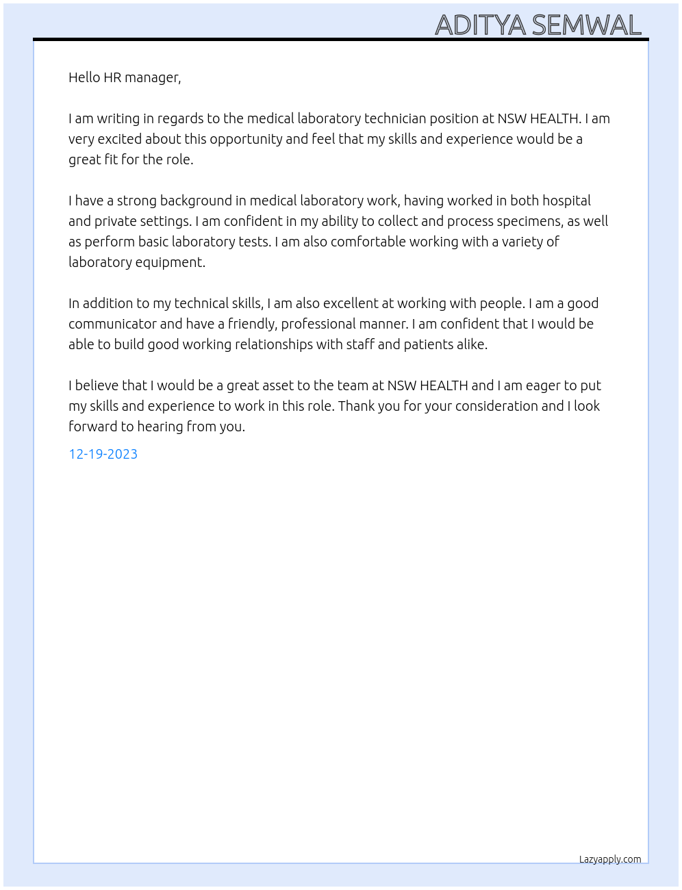 Medical laboratory technician  At NSW HEALTH  Cover Letter