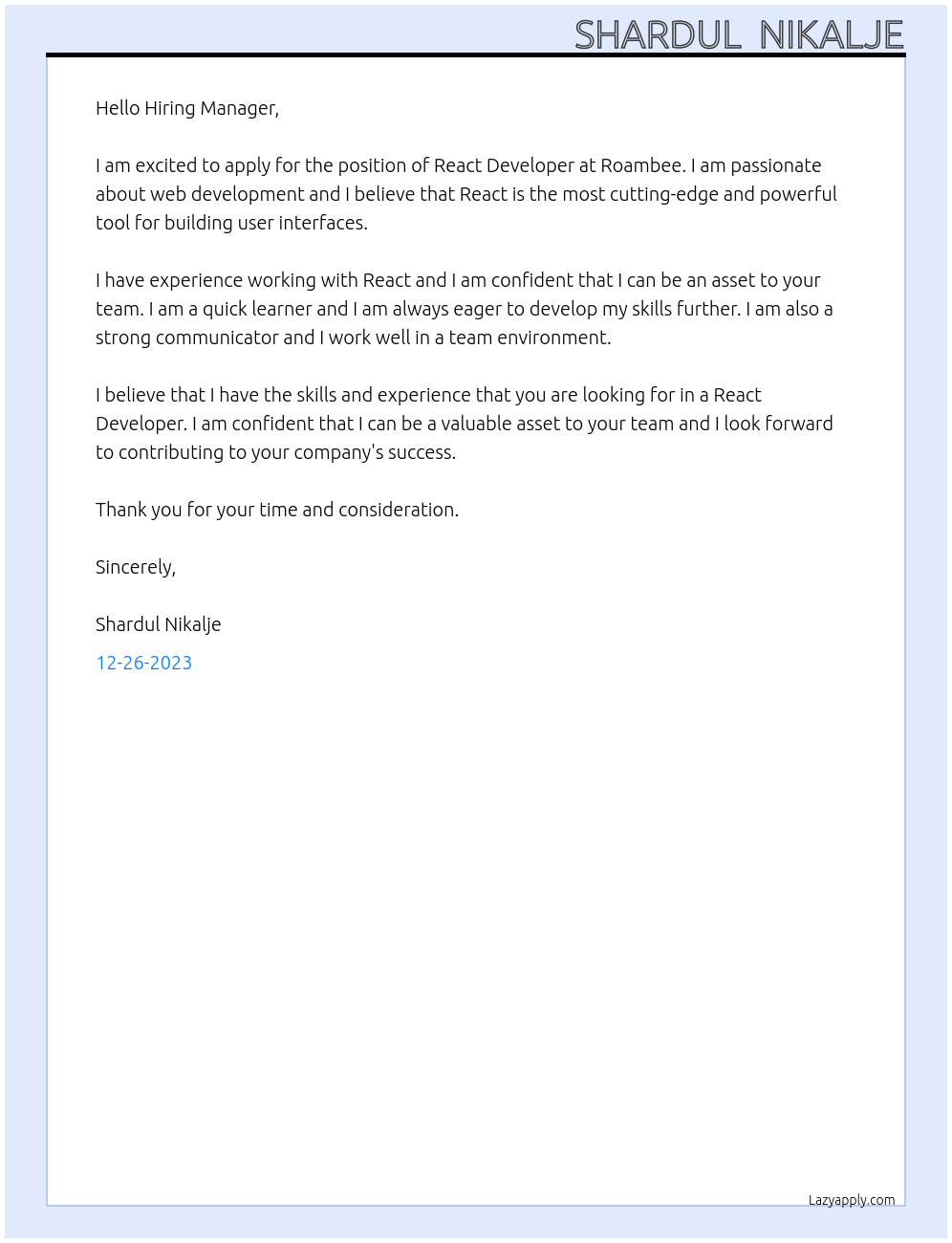 React Developer At Roambee Cover Letter