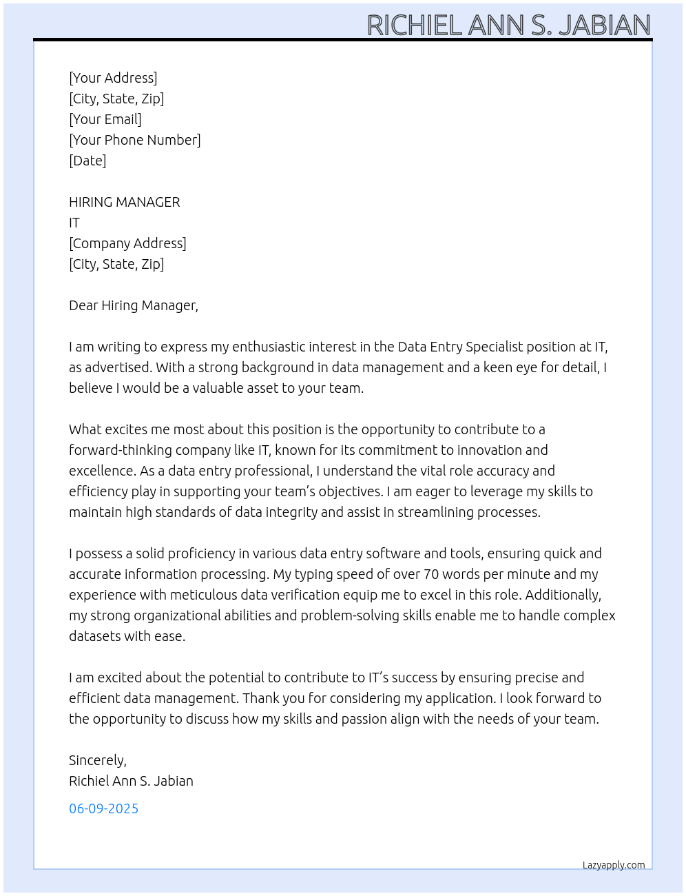 DATA ENTRY SPECIALIST At IT  Cover Letter