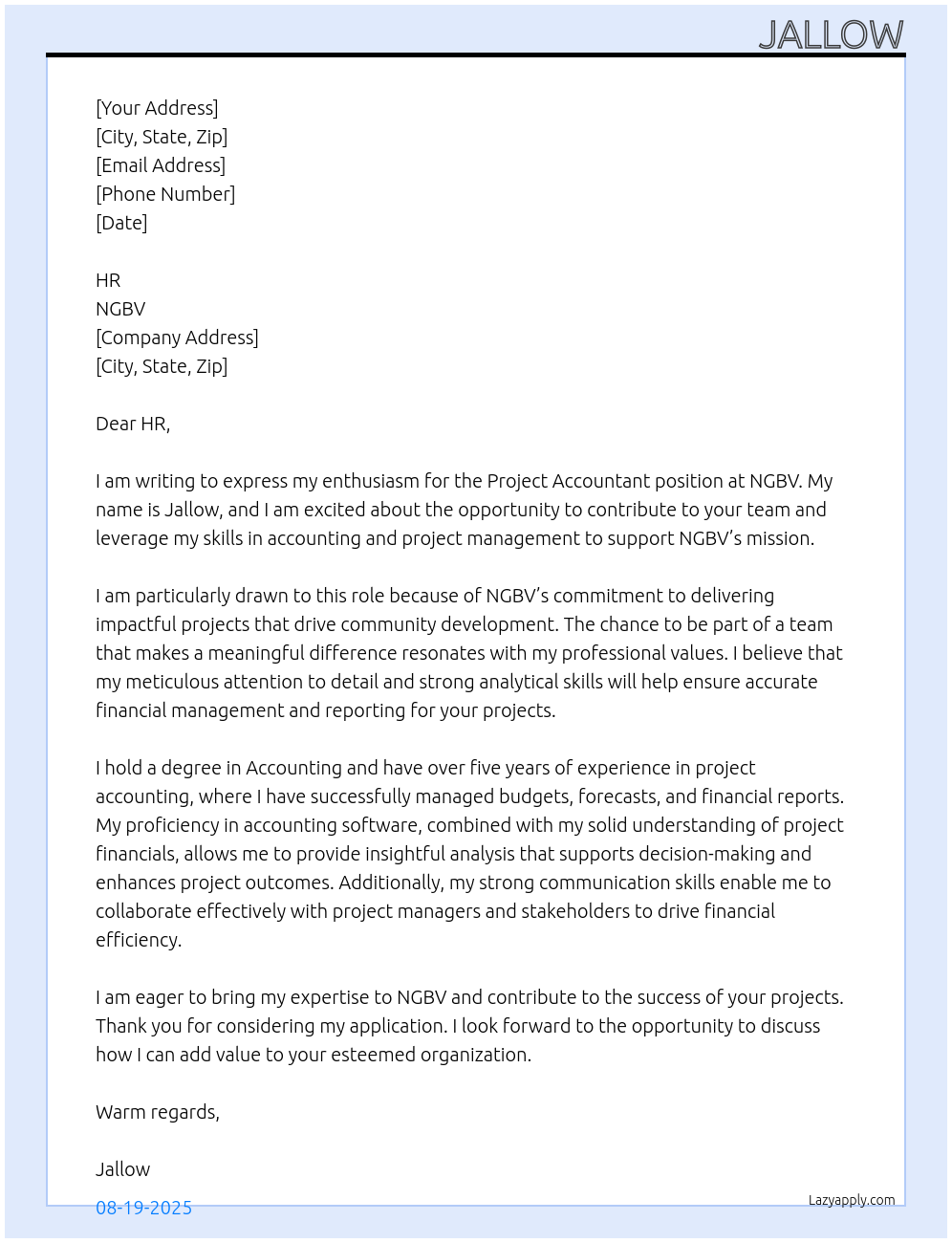Cover letter for project accountant - LazyApply