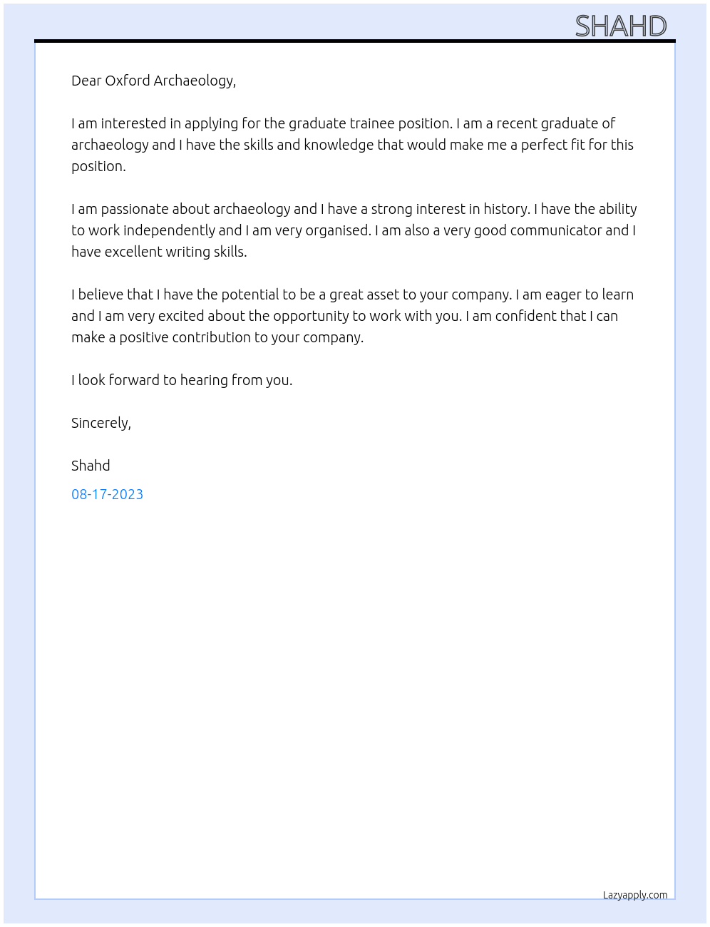 GRADUATE TRAINEES At Oxford Archaeology Cover Letter