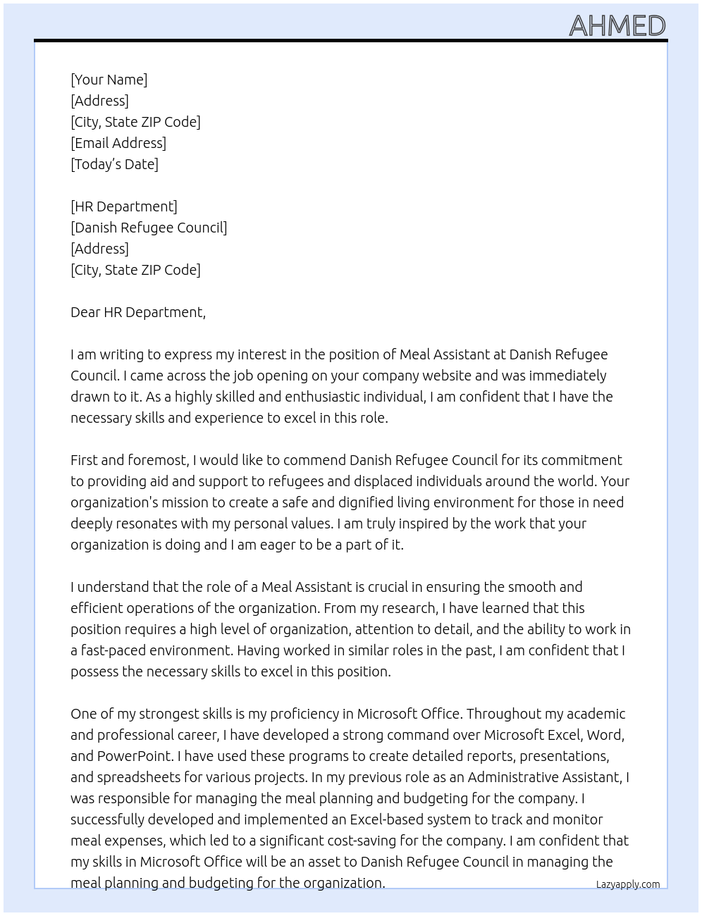 Meal assistant At Danish refugee council Cover Letter