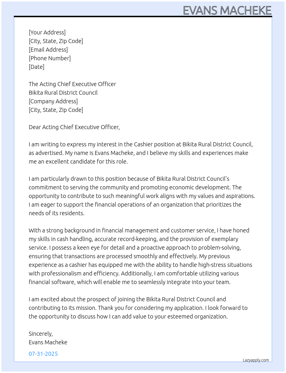 Cashier At Bikita Rural District Council Cover Letter