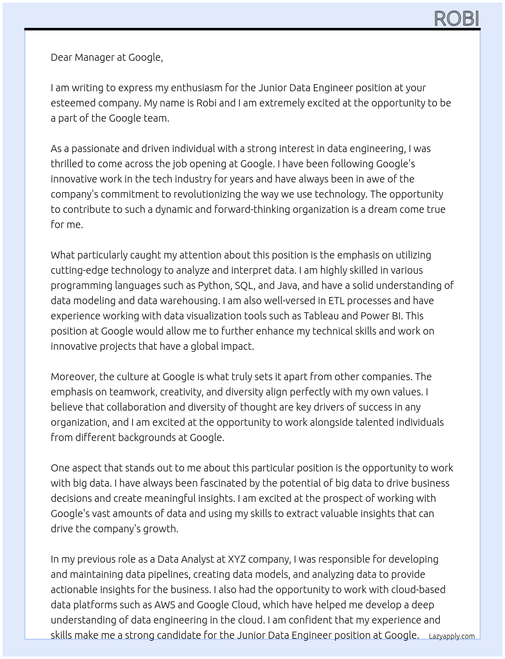 junior data engineer At google Cover Letter