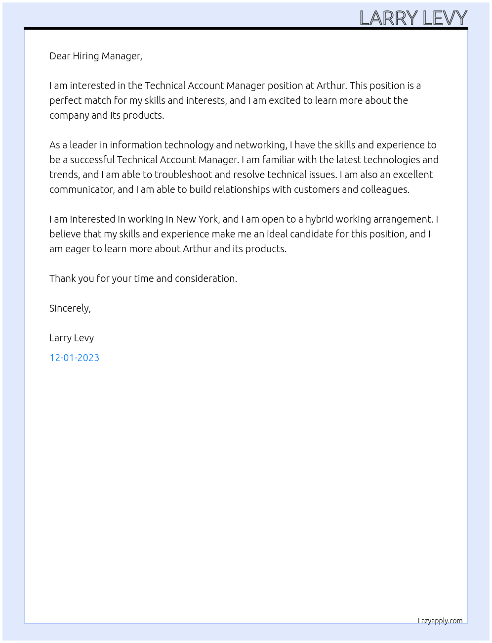 Technical Account Manager At Arthur Cover Letter