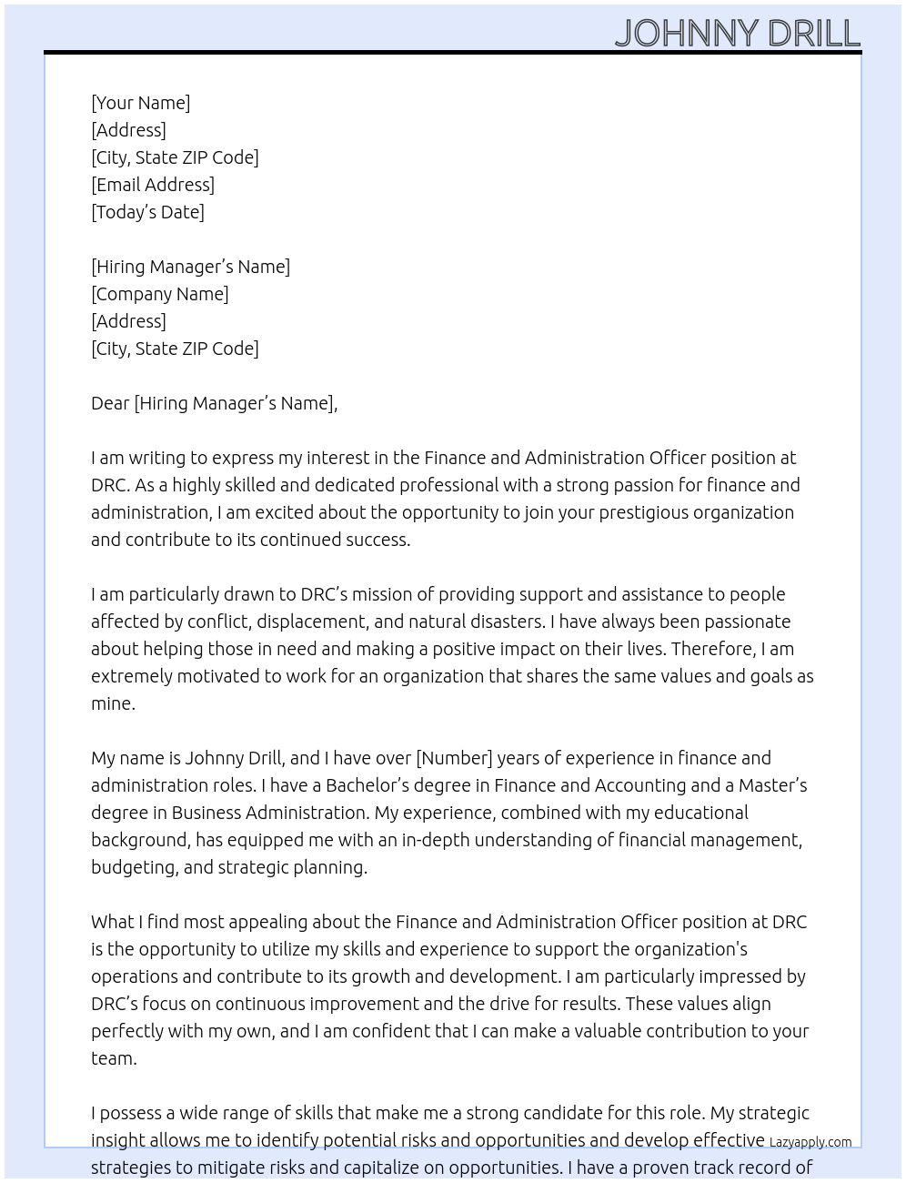 Finance and Administration Officer At DRC Cover Letter