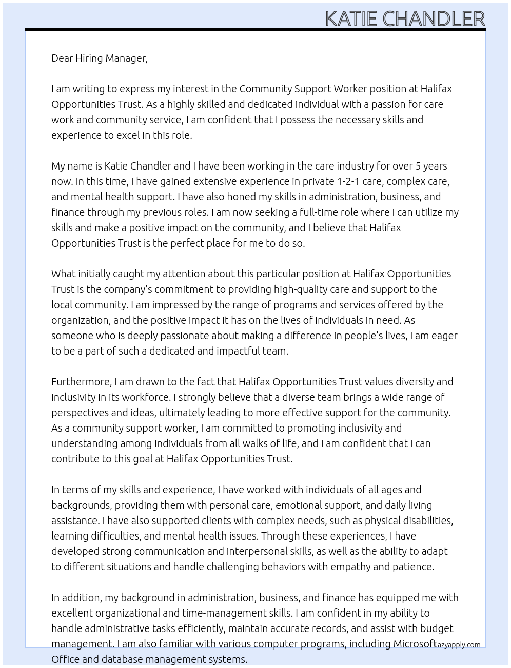 Community Support Worker At Halifax Opportunities trust Cover Letter