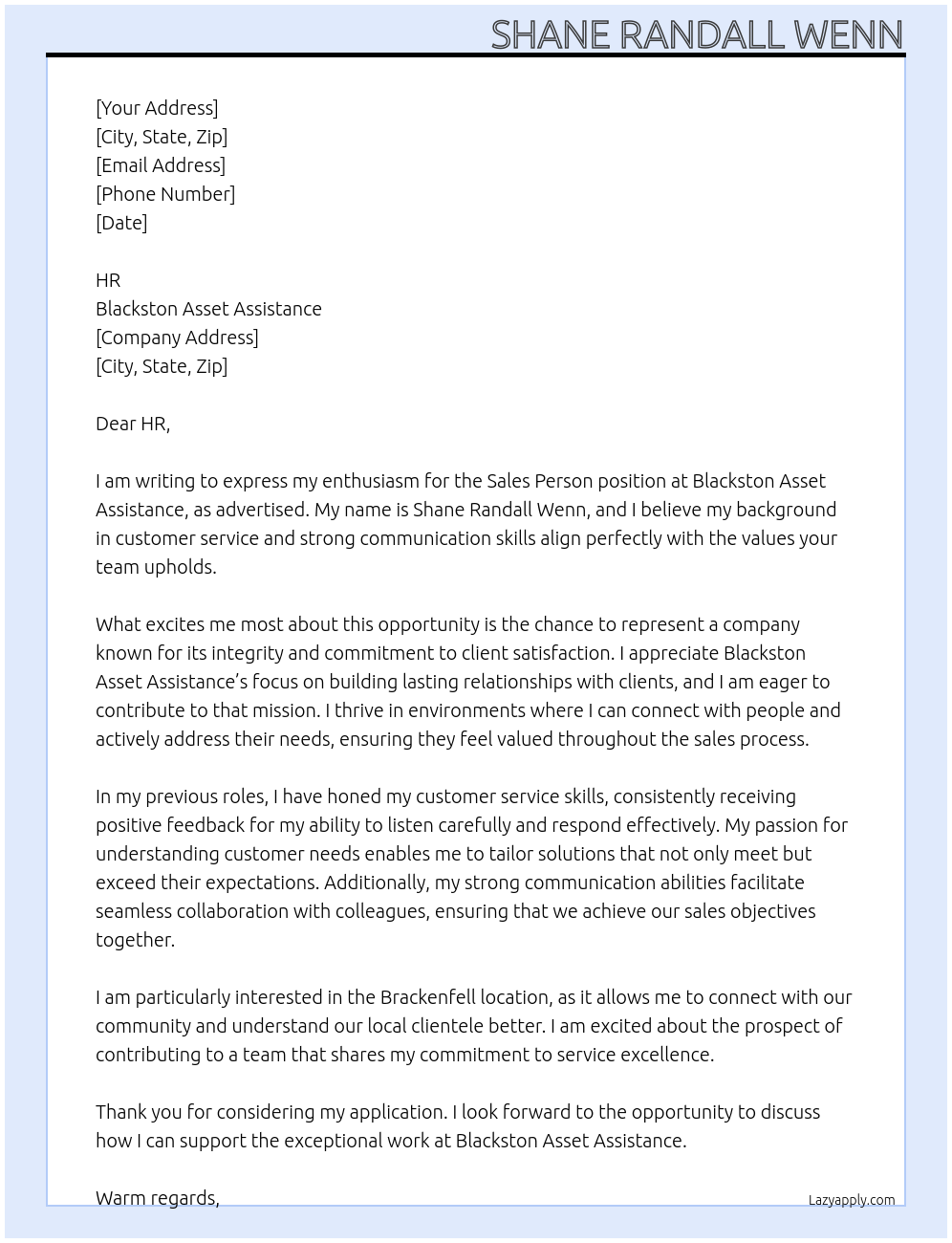 Sales person At Blackston Asset Assistance Cover Letter