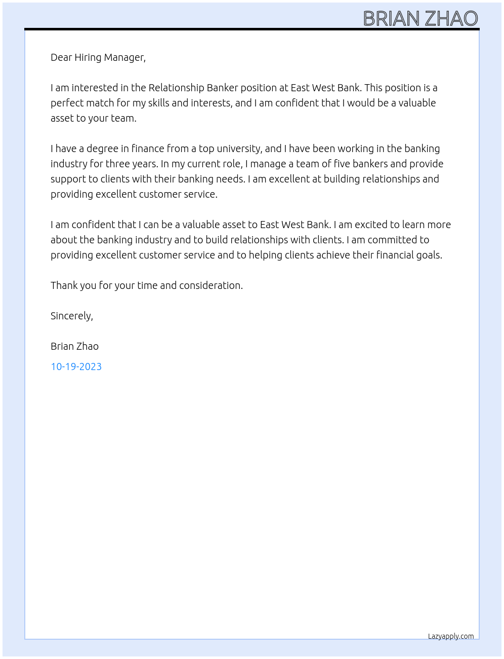 Relationship Banker At East West Bank Cover Letter
