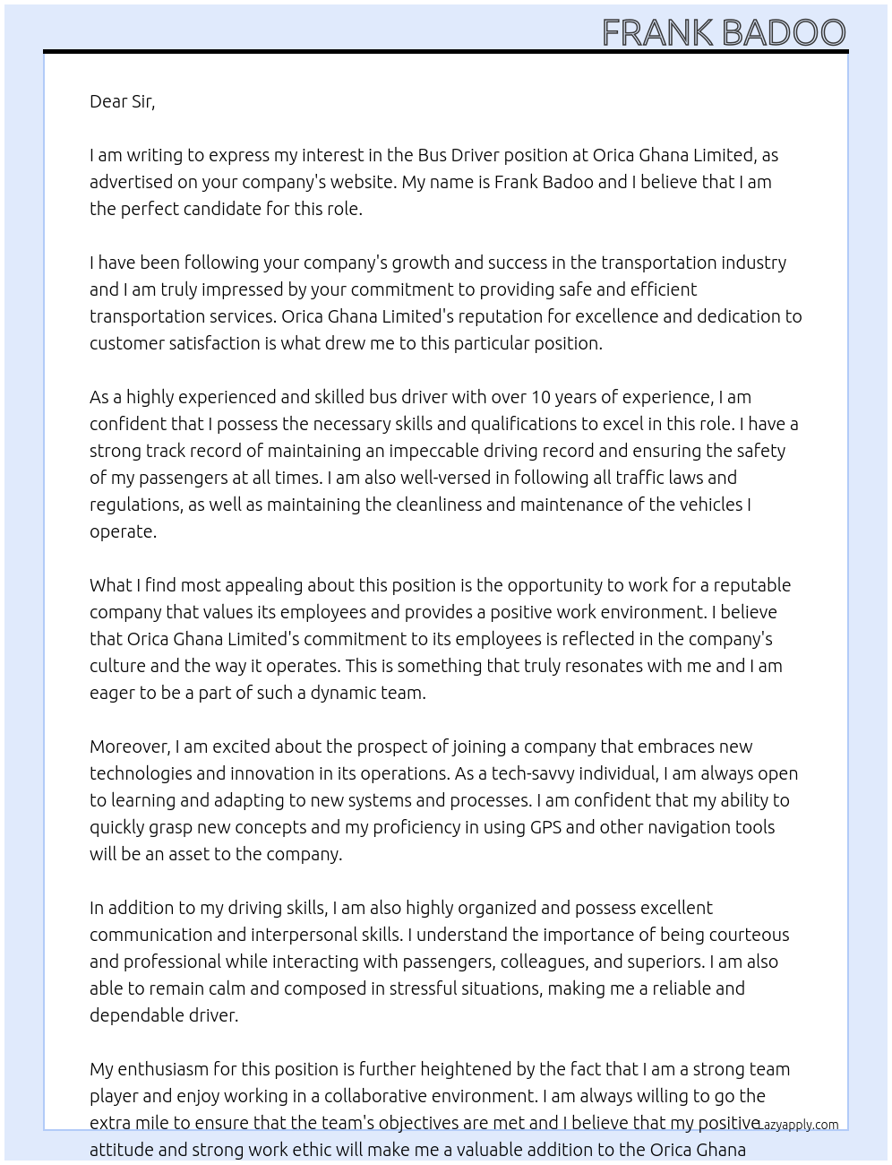 Bus Driver At Orica Ghana Limited Cover Letter