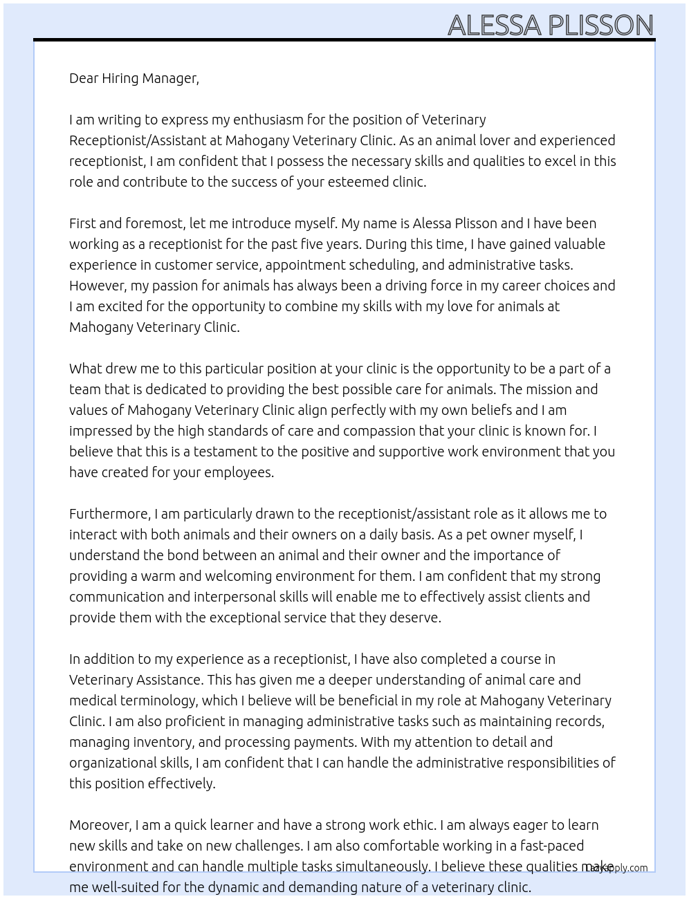 Veterinary Receptionist/Assistant At Mahogany Veterinary Clinic Cover Letter