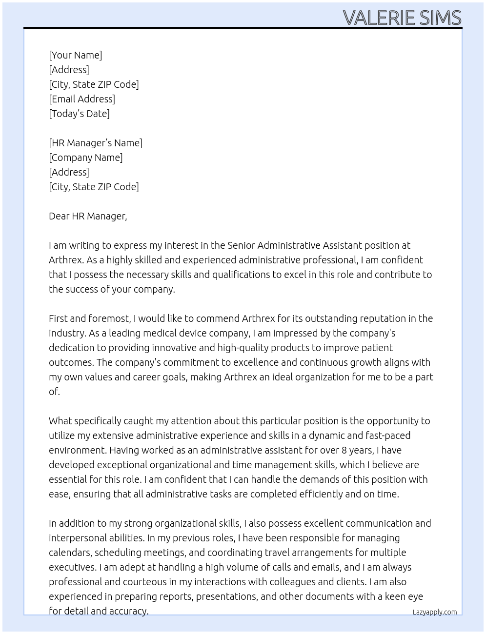 Senior Administrative Assistant At Arthrex Cover Letter