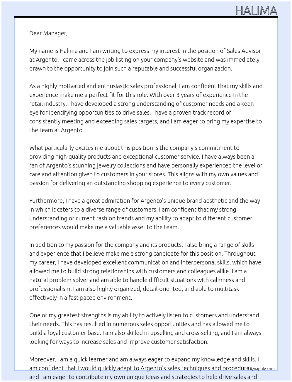 sales advisor At argento Cover Letter