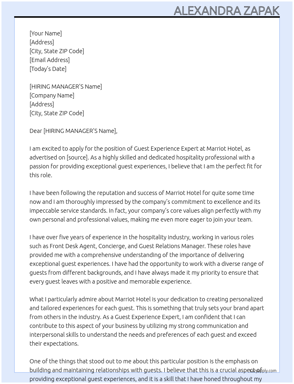 Guest Experience Expert  At Marriot Hotel  Cover Letter