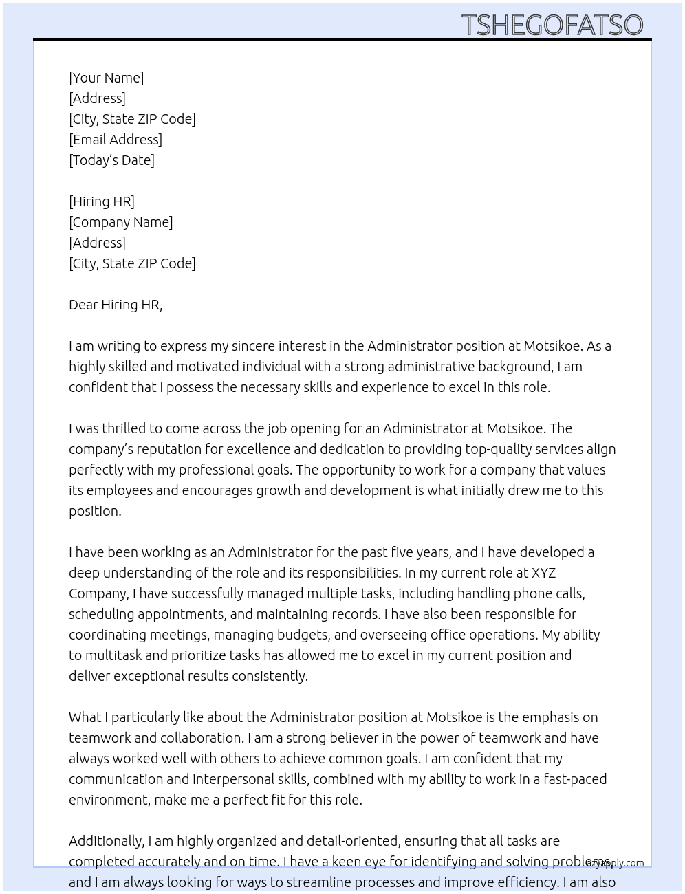 Adminstrator At Motsikoe Cover Letter