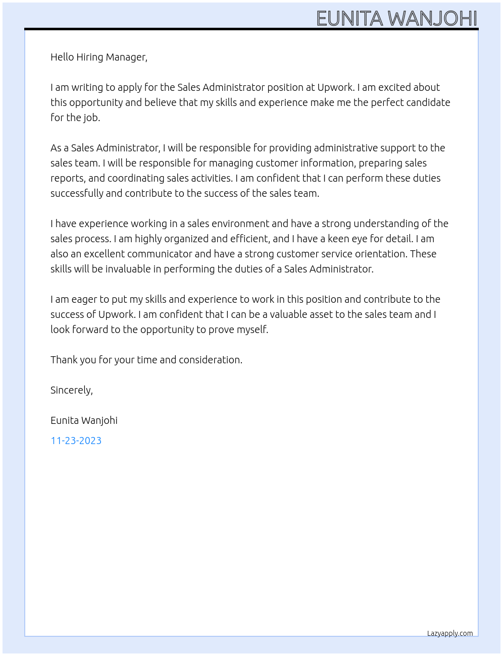 Sales Administrator At Upwork Cover Letter