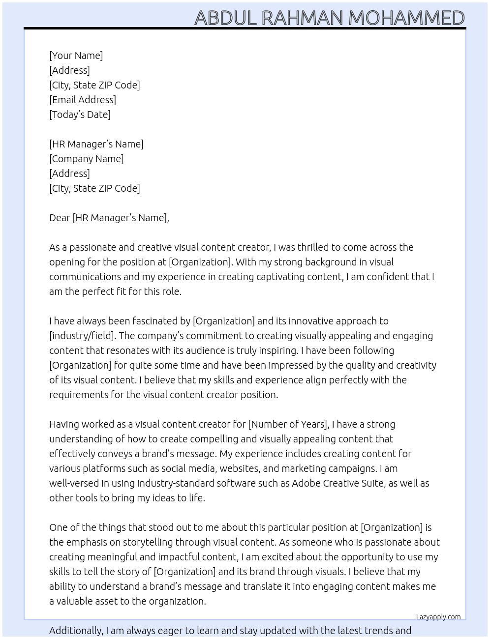 visual content creator At Organazation Cover Letter