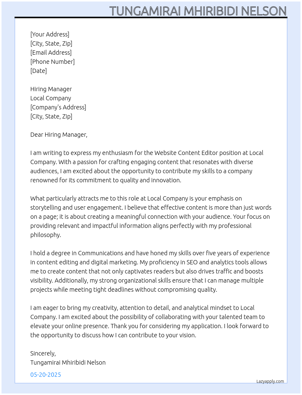 Cover letter for website content editor - LazyApply