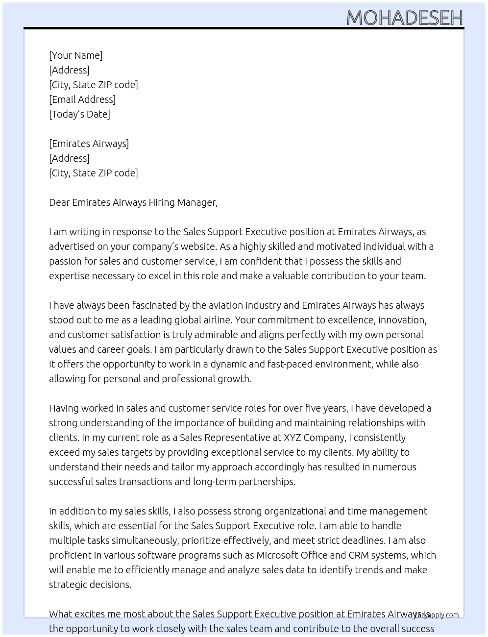 sales support executive At Emirates airways Cover Letter