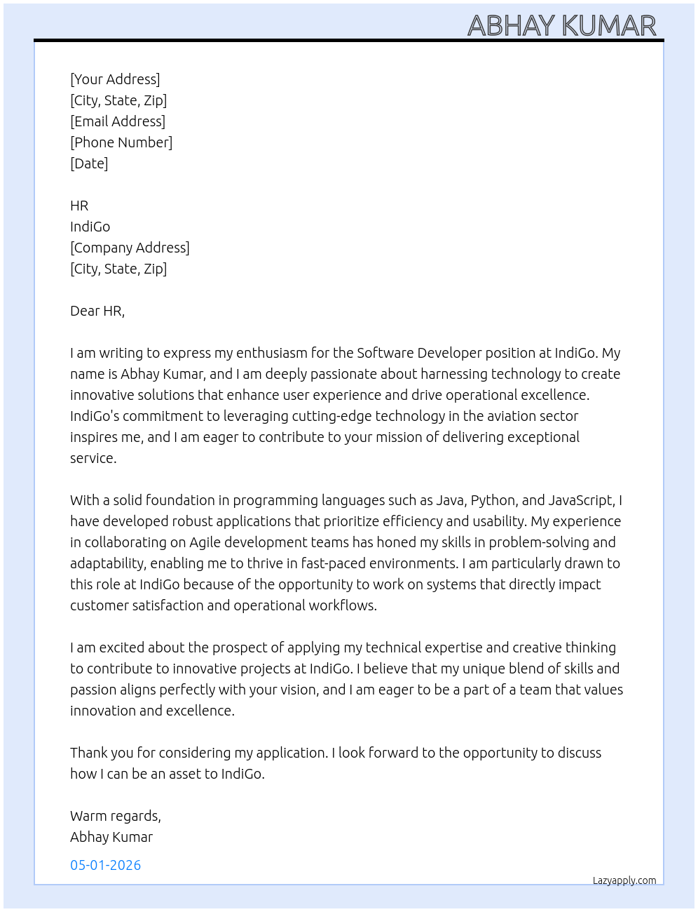 Software developer At IndiGo Cover Letter