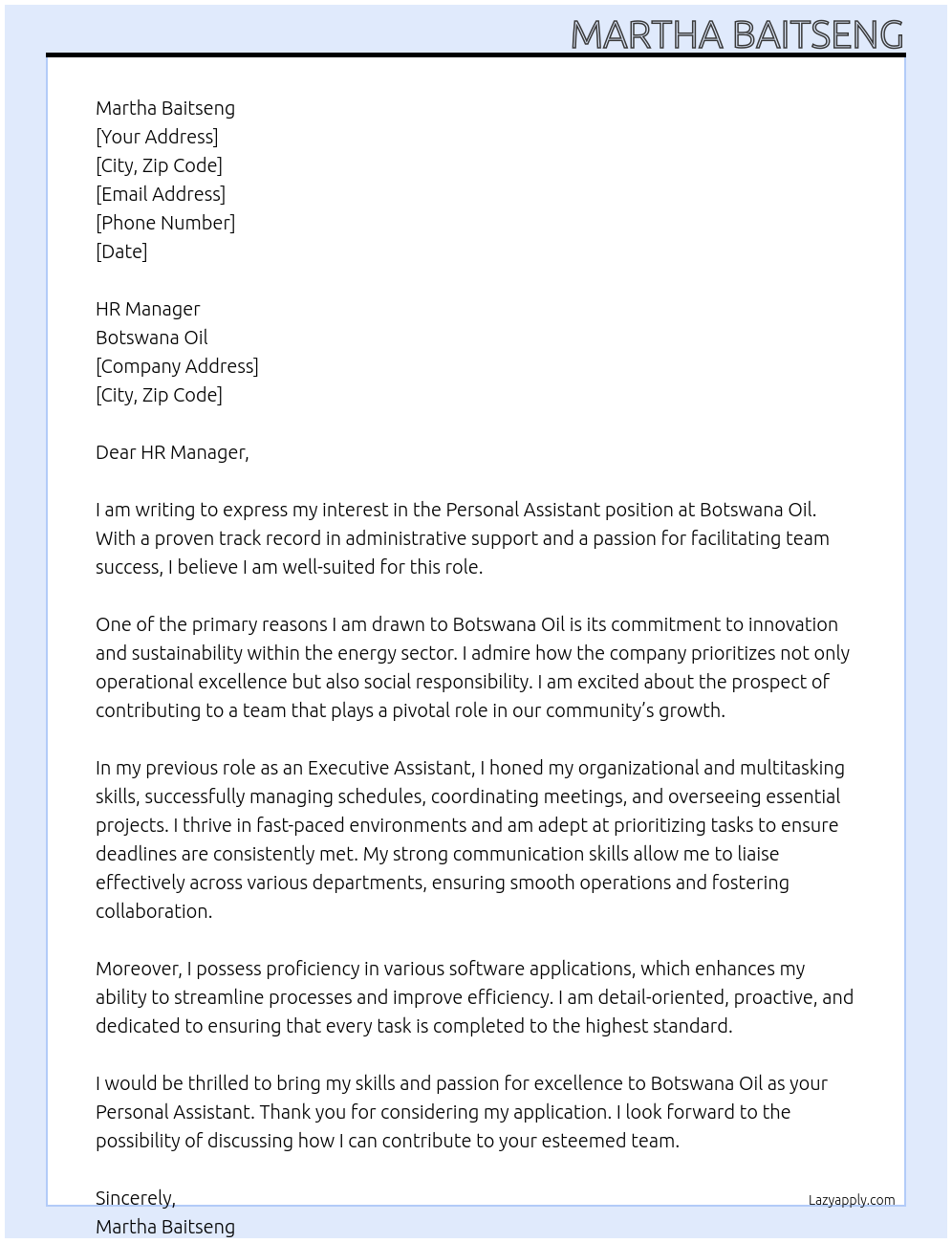 Personal assistant At Botswana oil Cover Letter