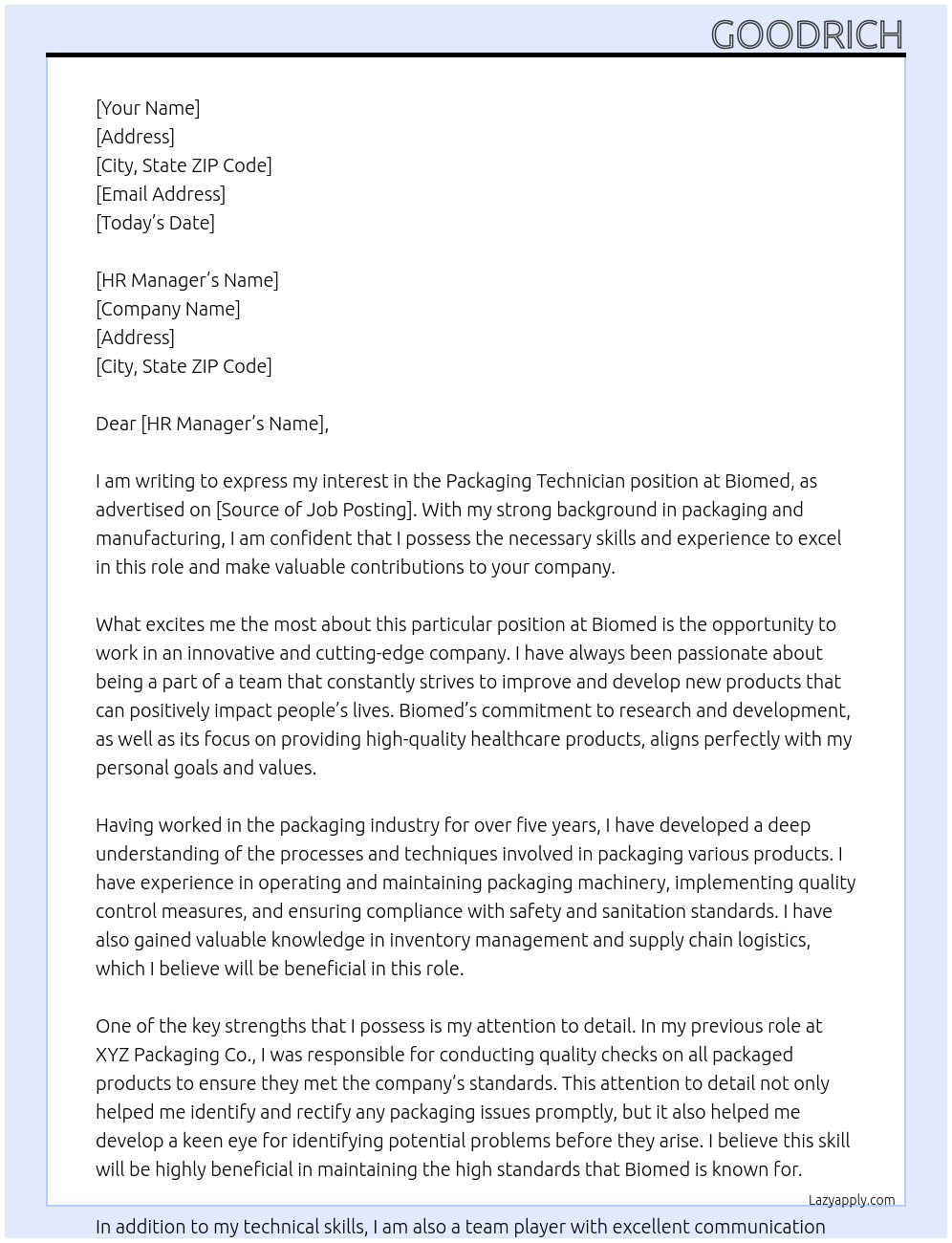 Packaging technician At Biomed Cover Letter